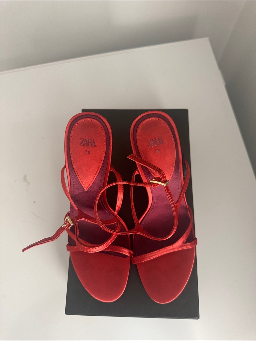 Zara Red Satin Strappy Heels with Ankle Wrap